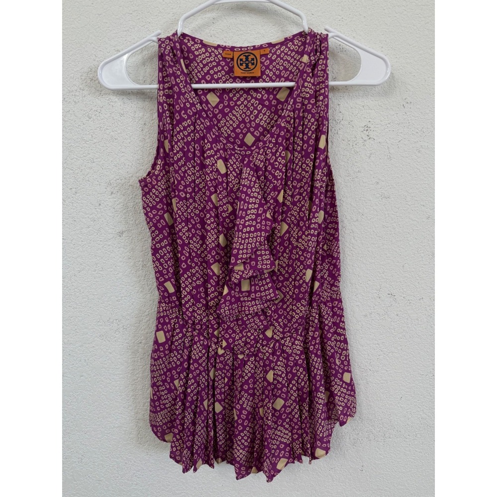 Tory Burch Womens Silk Geometric Print Ruffled Sleeveless Top Size 6 Purple